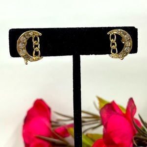 Crescent Moon with Chain and Crystal Vintage Screwback Earrings